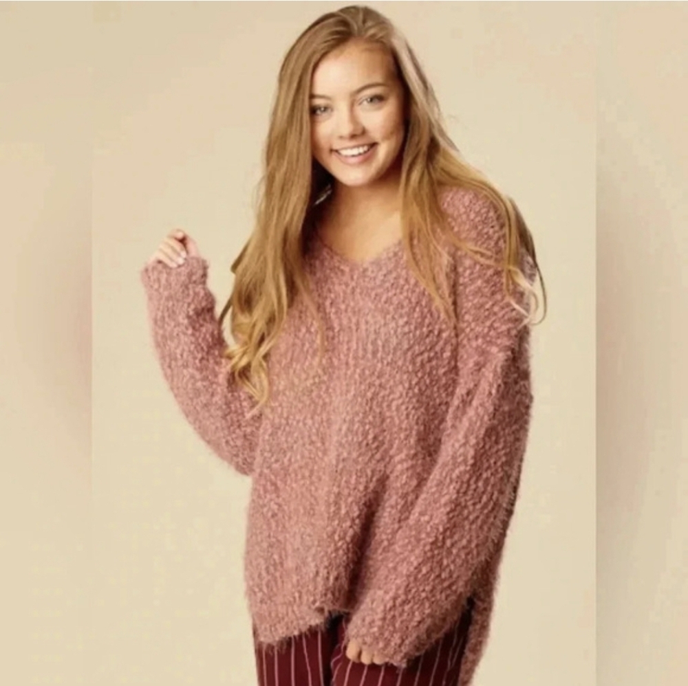 Altar'd State Womens M/L Rose Mauve Fuzzy Eyelash Soft Knit V-Neck Sweater